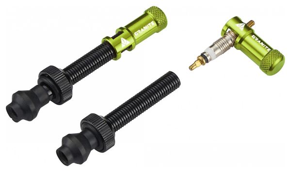 Pair of Granite Design Juicy Nipple Tubeless Valves 60 mm with Green Shell Removal Plugs