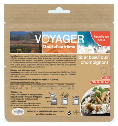 Repas Lyophilisé Voyager Boeuf aux champignons et son riz Kraft 125g