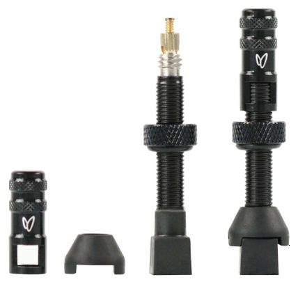 Pair of Effetto Mariposa Caffélatex Tubeless Valves 40 mm Presta with Black Shell Removal Plugs