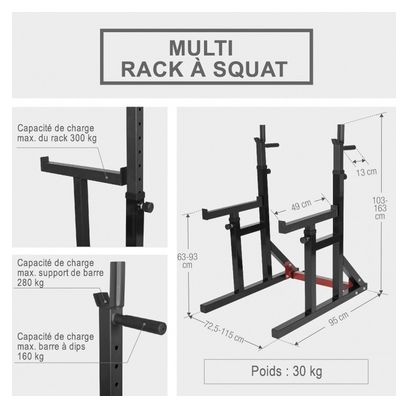 Squat rack avec barre longue de 170cm (30mm) avec stop disques et 30kg des poids (2x5kg et 2x10kg) en plastique et 31mm diamètre
