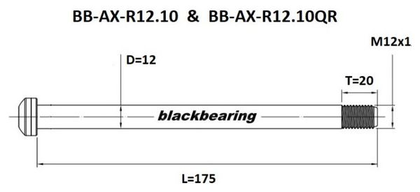 Rear Axle Black Bearing QR 12 mm - 175 - M12x1 - 20 mm