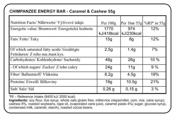 CHIMPANZEE Barre Energétique 100% naturelle Noix de Cajou Caramel 55g SANS GLUTEN
