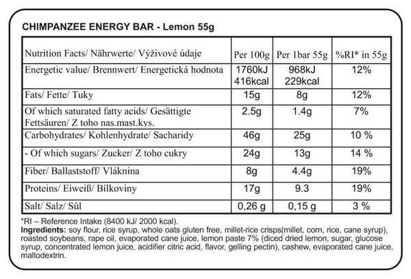 CHIMPANZEE Energy Bar 100% Natural Lemon 55g GLUTEN FREE