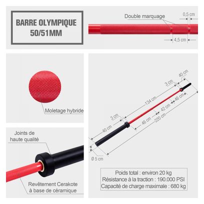 Barre longue Olympique 50 mm - Version premium - Couleur : NOIR / ROUGE