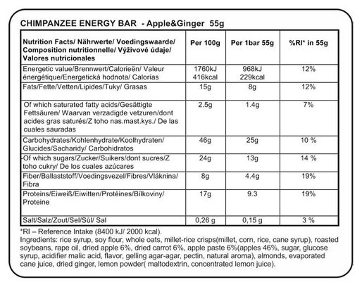CHIMPANZEE Barre Energétique 100% naturelle Pomme Gingembre 55g SANS GLUTEN