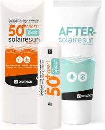 Kit solare Decathlon: Crema solare SPF 50+, Stick labbra SPF 50+, Gel doposole